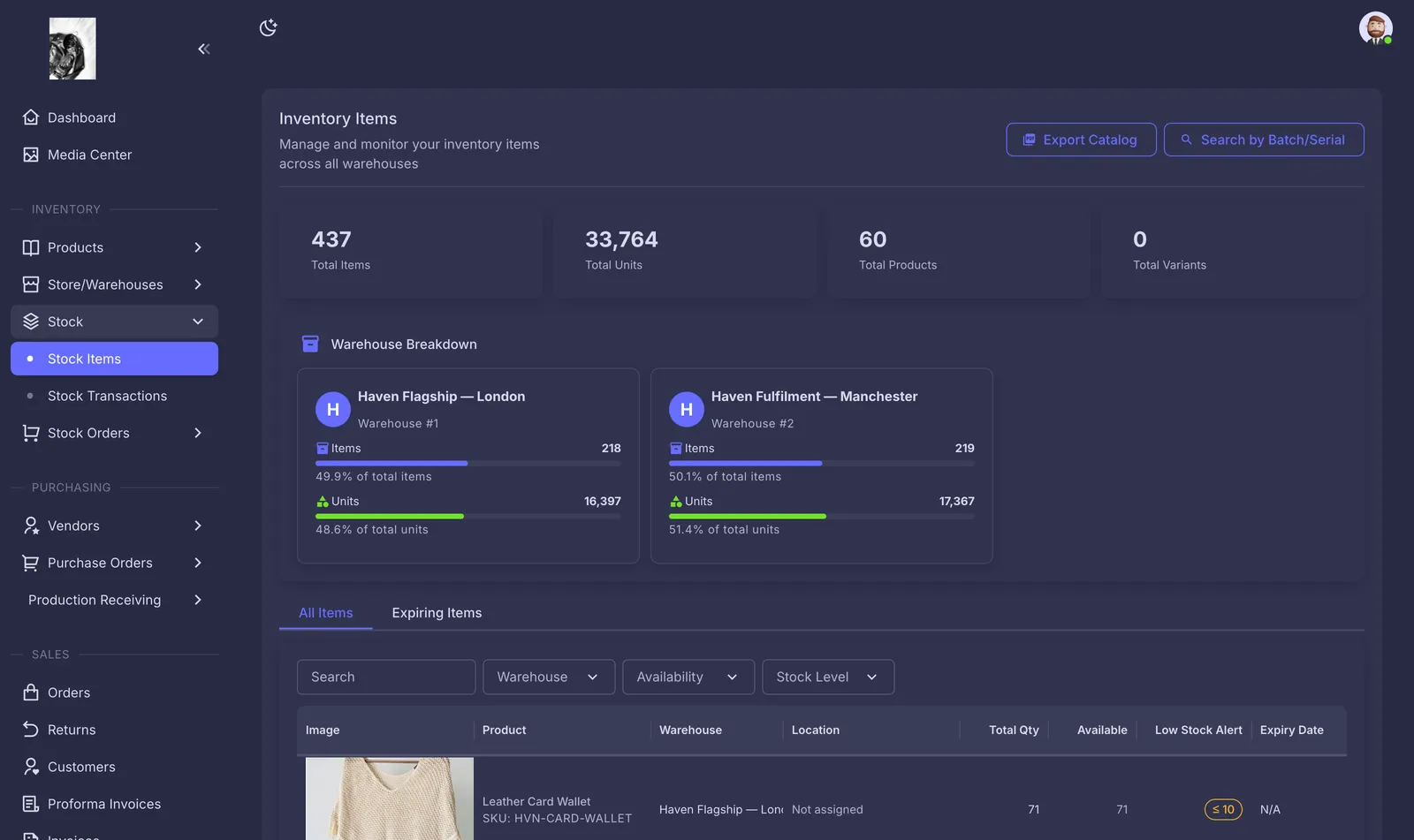 Modventrix inventory tracking — 437 items and 33,764 units across warehouses with low-stock alerts