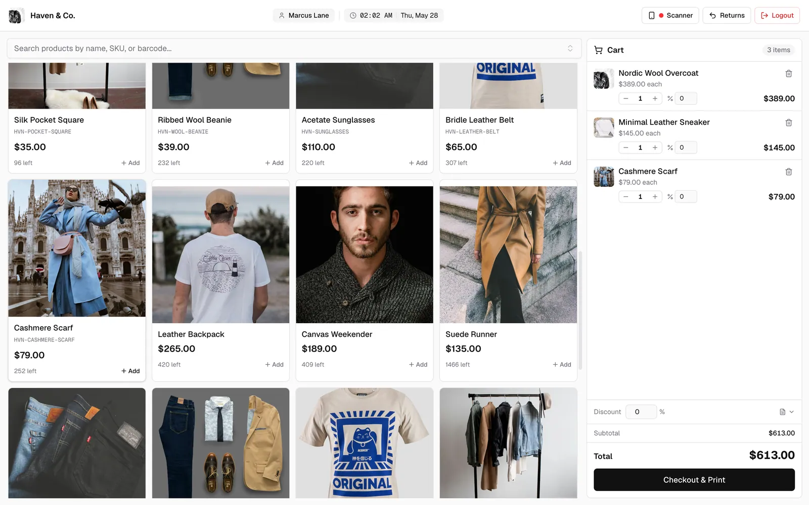 The Modventrix point-of-sale screen with a product grid and cart