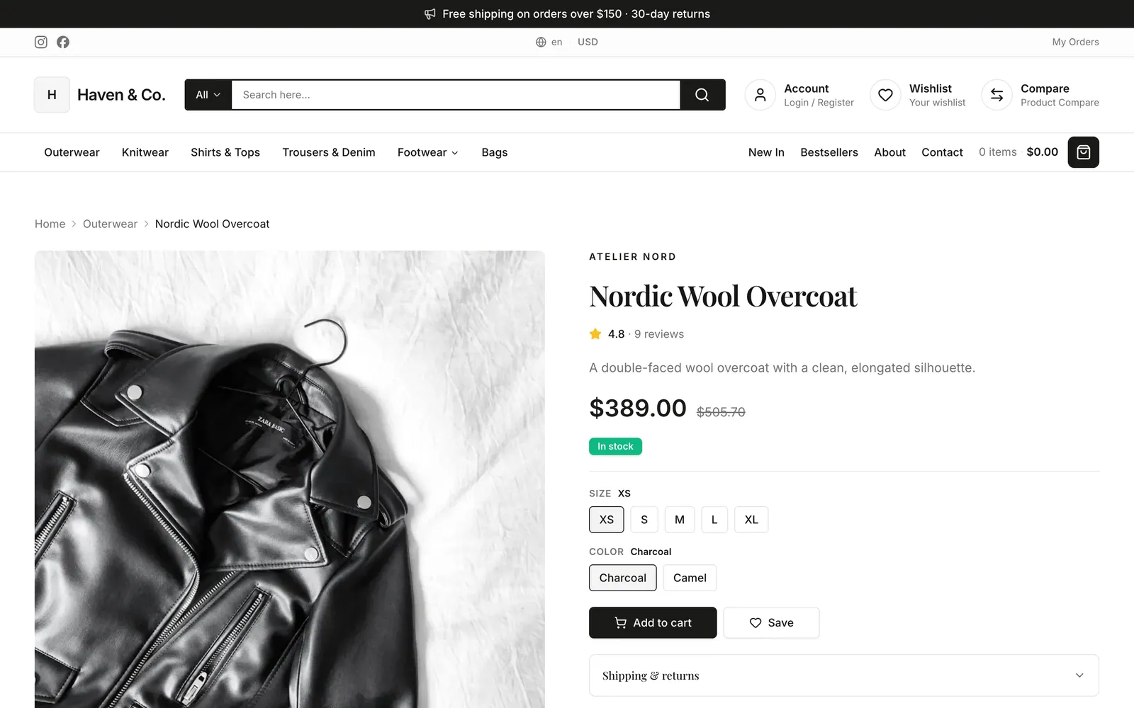 A Modventrix fashion storefront product page with size and colour variants